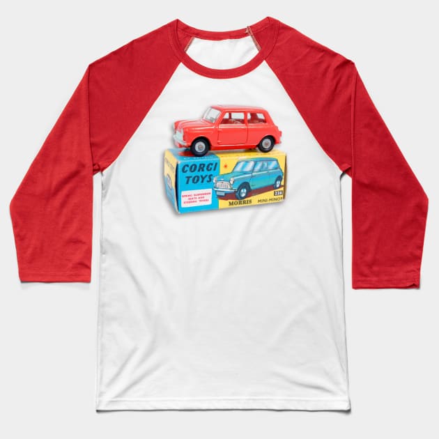 RED MORRIS MINOR TOY CAR Baseball T-Shirt by Throwback Motors